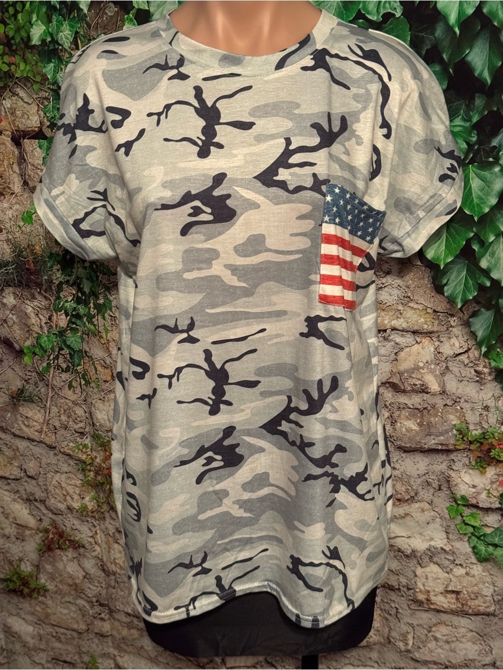 Fun Patriotic Blue Camouflage Short Sleeve Tee with American Flag Pocket